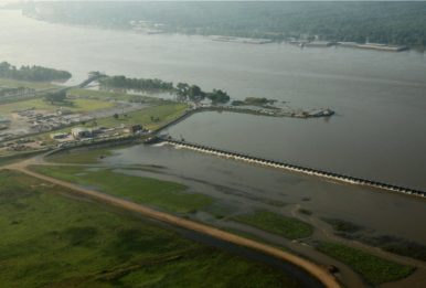 The Bonnet Carré Spillway in St. Charles Parish, Louisiana. When the Mississippi River begins to flood, engineers open the gate shown above, allowing water to flow to nearby Lake Pontchartrain. Source: U.S. Army Corps of Engineers