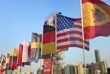 International flags displayed outdoors with city skyline in the background