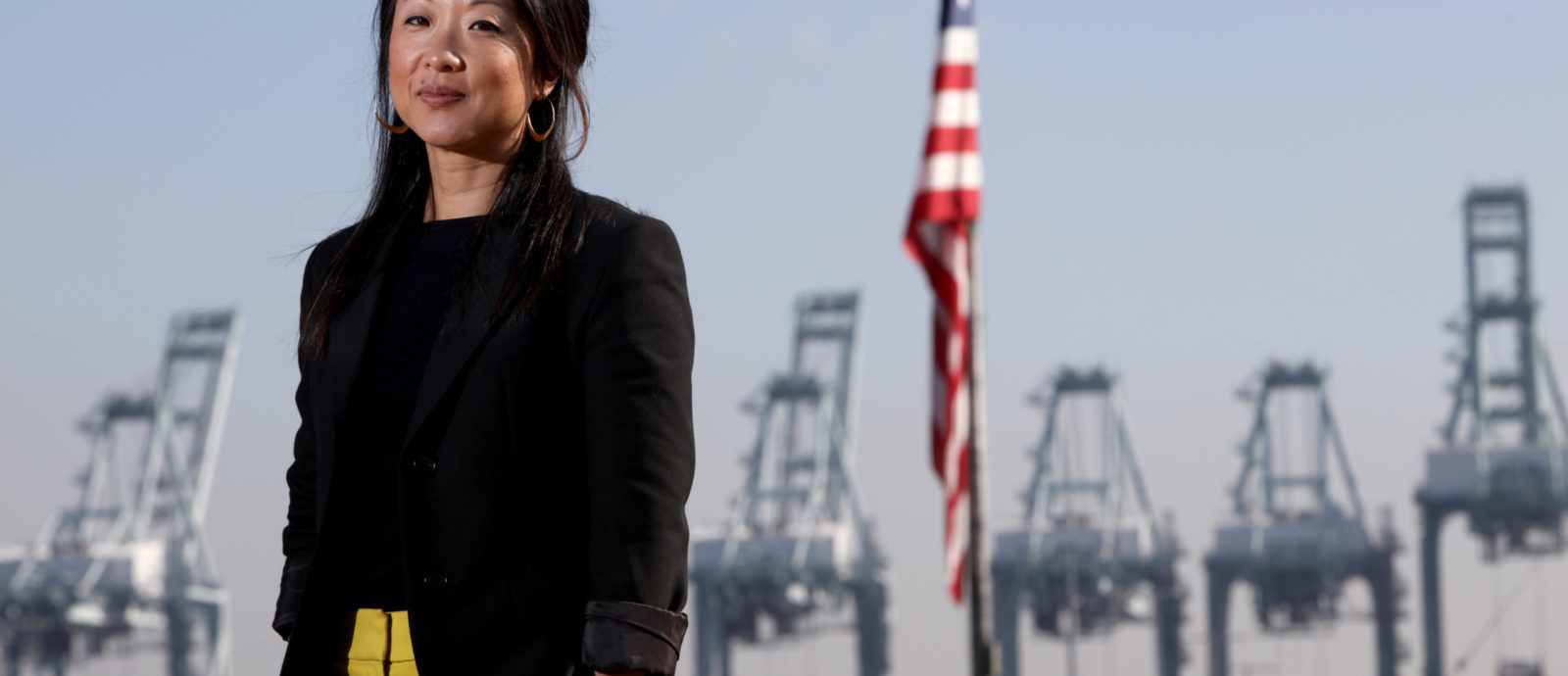 Melissa Lin Perrella in front of the Port of Los Angeles in San Pedro, California. Credit:  Ann Johansson for NRDC