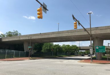 U.S. Route 40 Overpass Bridge (1978) over Martin Luther King, Jr. Boulevard at Mulberry Street, Baltimore, MD