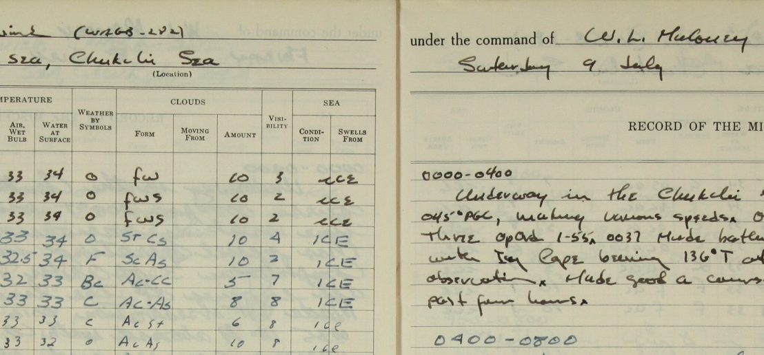 An excerpt from the 1955 logbook of the cutter Northwind. Source: National Archives