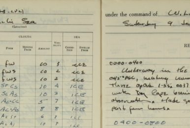An excerpt from the 1955 logbook of the cutter Northwind. Source: National Archives