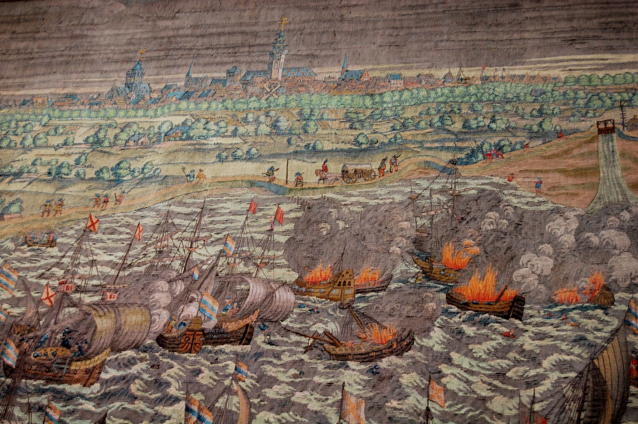 old drawing of burning ships